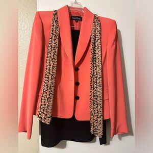 Women’s Evan-Picone suit; coral jacket; brown skirt